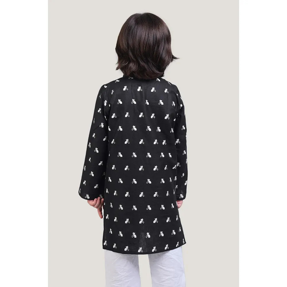 Story Tailor Bell The Cat - Boys Kurta Pajama Set | Black (6-12 Months)