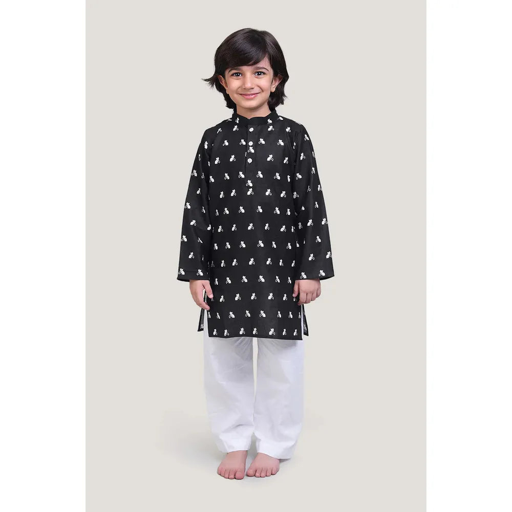Story Tailor Bell The Cat - Boys Kurta Pajama Set | Black (6-12 Months)