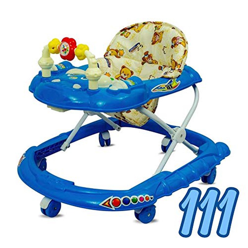 Cartoon Face Baby Walker - Music & Toys with Adjustable Height - Blue