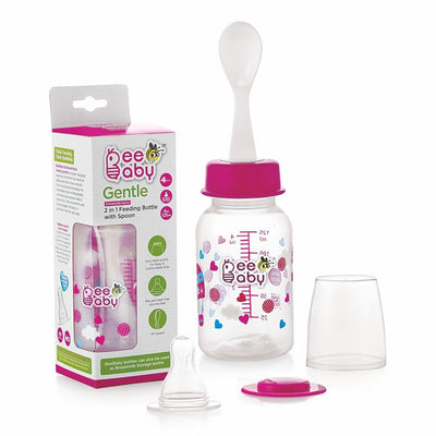 125 ML Gentle 2 in 1 Slim Neck Baby Feeding Bottle with Anti-Colic Silicone Nipple & (Plastic) Feeder Spoon, 3M+