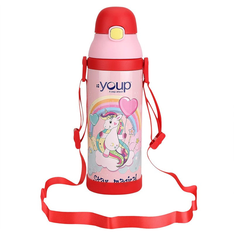 Youp Stainless Steel Pink and Red Color Unicorn theme Kids Insulated Sipper Bottle WINNER - 500 ml
