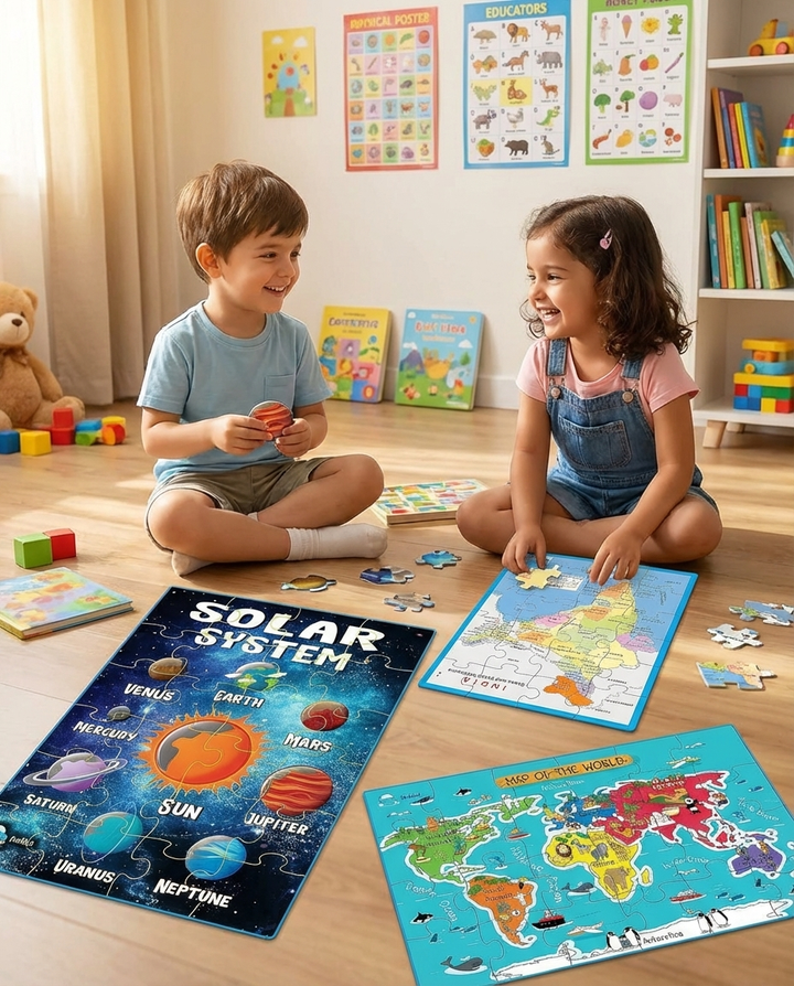 FunBlast 3 In 1 Jigsaw Puzzle - Solar System, Map Of India & World Map | 72 Pieces