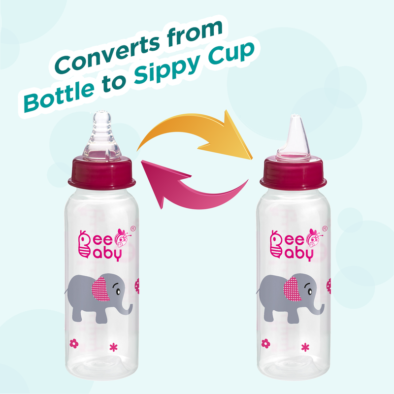 Pink 2 in 1 Advance+ Baby Feeding Bottle To Sippy Bottle with Anti-Colic Silicone Nipple & Silicone Sippy Spout. 100% BPA FREE. - 250 ML / 8 Oz