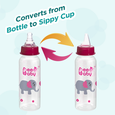 Pink 2 in 1 Advance+ Baby Feeding Bottle To Sippy Bottle with Anti-Colic Silicone Nipple & Silicone Sippy Spout. 100% BPA FREE. - 250 ML / 8 Oz