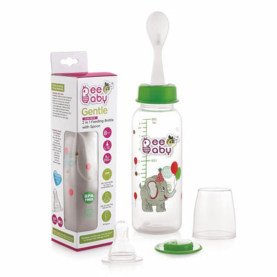 Green 250 ml Gentle 2 in 1 Slim Neck Baby Feeding Bottle with Anti-Colic Silicone Nipple & (Plastic) Feeder Spoon, 8M+
