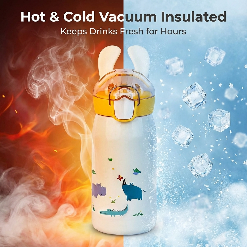 FunBlast Double Walled Vacuum Steel Water Bottle - Thermos Flask with Straw - 400ml