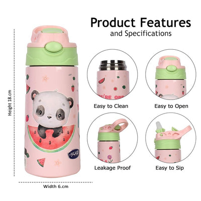 Youp Tinkler - 400 Ml Stainless Steel Insulated Purple Color Panda Theme Kids Anti-dust Sipper Bottle