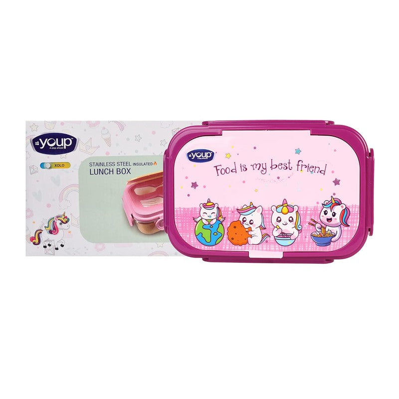 YOUP Stainless Steel Insulated Unicorn Theme Kids Lunch Box With Fork & Spoon XOLO - 850 ml