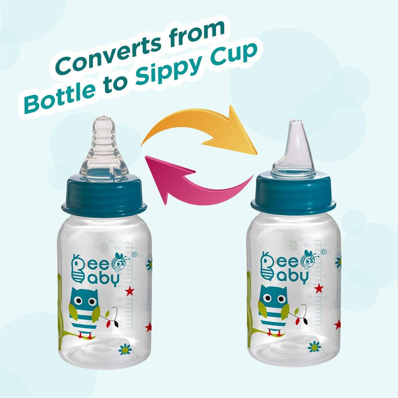 2 in 1 Advance+ Baby Feeding Bottle To Sippy Bottle with Anti-Colic Silicone Nipple & Silicone Sippy Spout. 100% BPA FREE. - 125 ML / 4 Oz. Blue