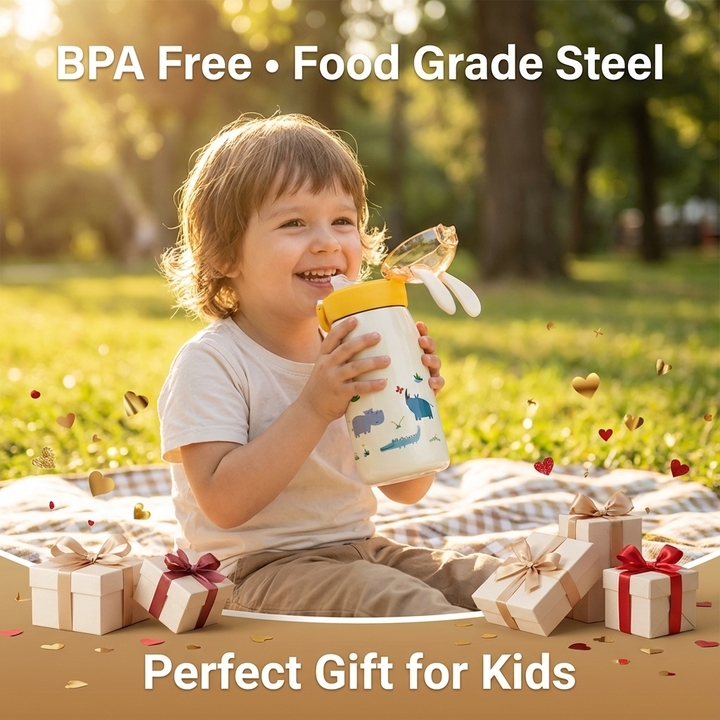 FunBlast Double Walled Vacuum Steel Water Bottle - Thermos Flask with Straw - 400ml