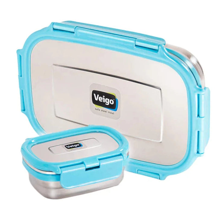 Jumbo Stainless Steel Lunch Box with Silicon Ring & Lid Lock with Small Veg Box Inside(950ml + 180ml)