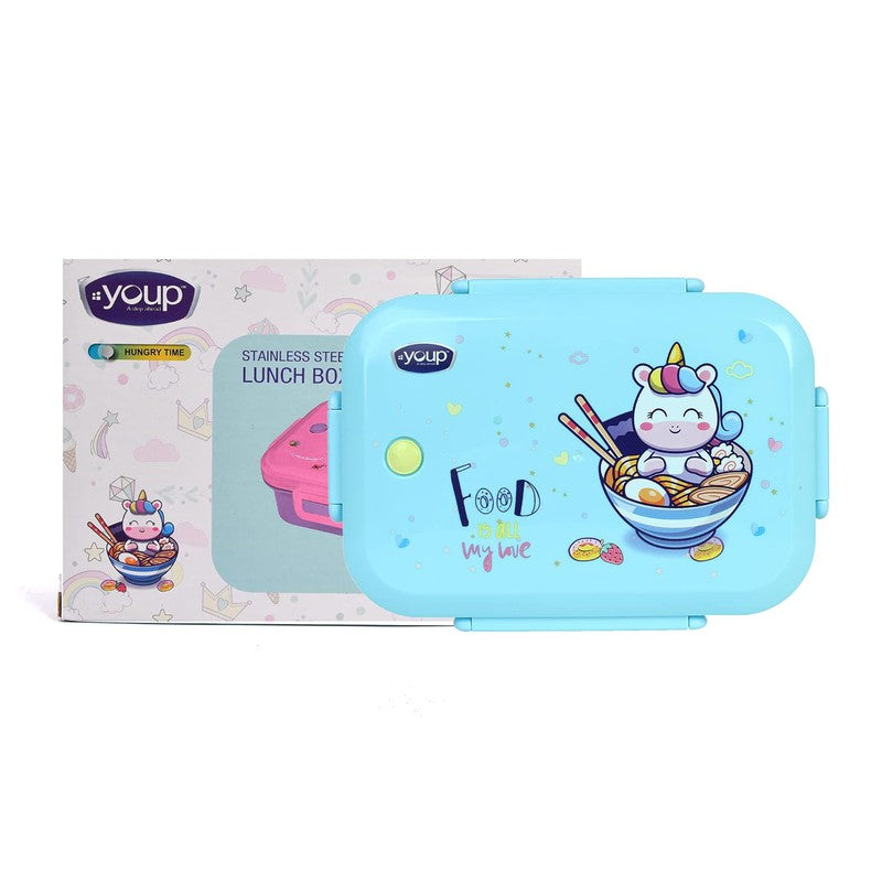 YOUP HUNGRY TIME-900 ml Stainless Steel Green Blue Color Unicorn Theme Kids Bento Lunch Box With 3 Compartments