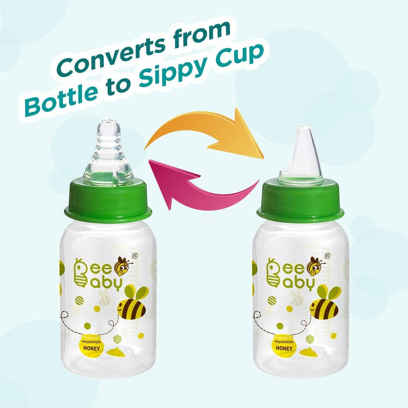 2 in 1 Advance+ Baby Feeding Bottle To Sippy Bottle with Anti-Colic Silicone Nipple & Silicone Sippy Spout. 100% BPA FREE. - 125 ML / 4 Oz Green