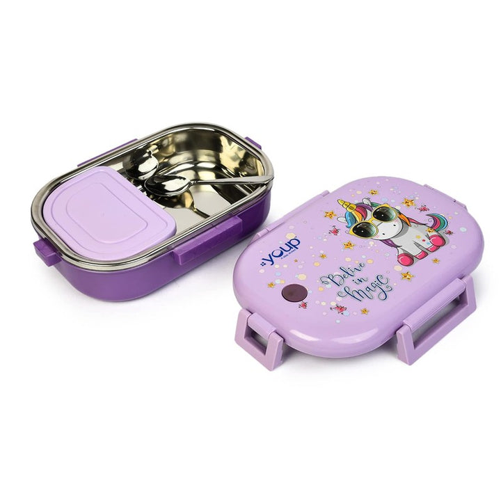 YOUP Stainless Steel Purple Color Unicorn Theme Kids Lunch Box BREAK TIME 850 ml