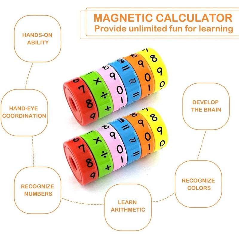 Magnetic Arithmetic Math Learning Toy with Cylinder Numbers and Symbol Toys Multicolor - Pack of 3 with 6 Blocks Each