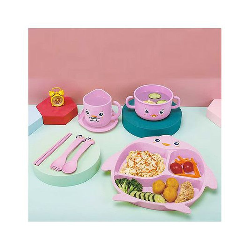 Eco-Friendly Penguin Design Bamboo Fiber Kids Dinner Set  with Cutlery Bowl & Cup  - Assorted Color