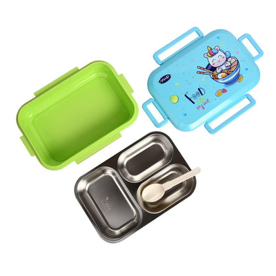 YOUP HUNGRY TIME-900 ml Stainless Steel Green Blue Color Unicorn Theme Kids Bento Lunch Box With 3 Compartments