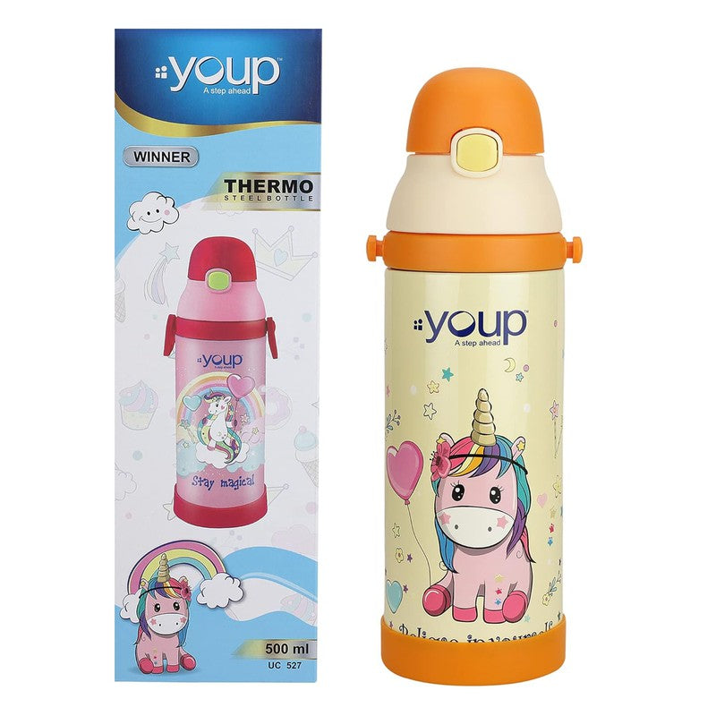 Youp Stainless Steel Orange Color Unicorn Theme Kids Insulated Sipper Bottle Winner - 500 Ml