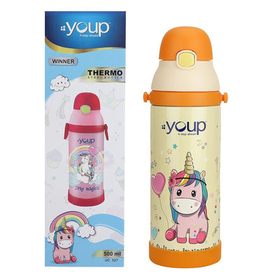 Youp Stainless Steel Orange Color Unicorn Theme Kids Insulated Sipper Bottle Winner - 500 Ml