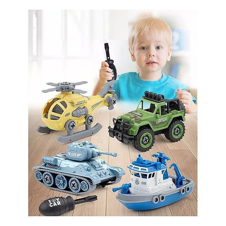 DIY Military Army Foldable Vehicles Toy with Screwdriver Learning STEM Toys for Kids Pack of 4 - (Assorted Color)