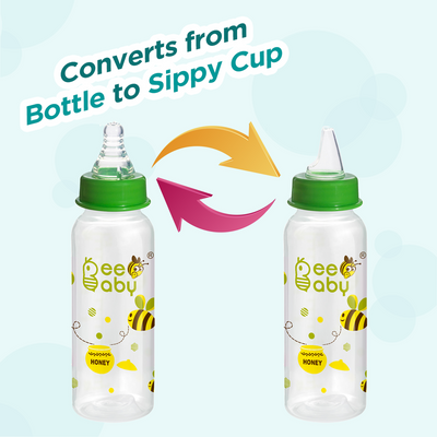 Green 2 in 1 Advance+ Baby Feeding Bottle To Sippy Bottle with Anti-Colic Silicone Nipple & Silicone Sippy Spout. 100% BPA FREE. - 250 ML / 8 Oz