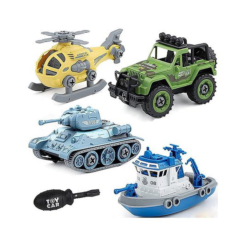 DIY Military Army Foldable Vehicles Toy with Screwdriver Learning STEM Toys for Kids Pack of 4 - (Assorted Color)