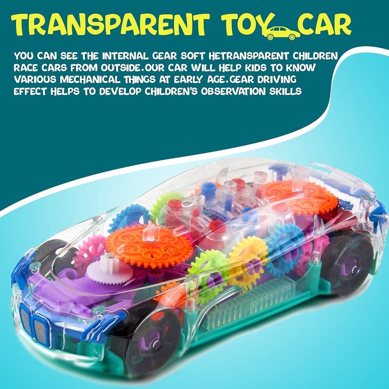 Transperent 3D Car with 360 Degree Rotation, Gear Simulation Mechanical Car, Sound & Light Toys for Kids Boys & Girls