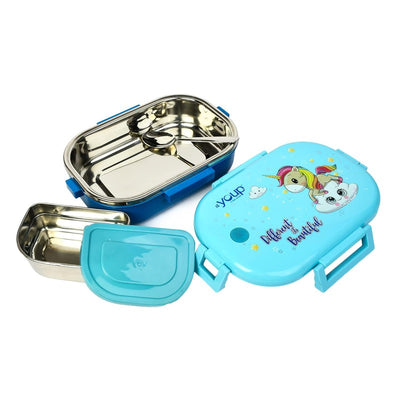 YOUP Stainless Steel Blue Color Unicorn Theme Kids Lunch Box BREAK TIME 850 ml