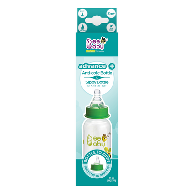 Green 2 in 1 Advance+ Baby Feeding Bottle To Sippy Bottle with Anti-Colic Silicone Nipple & Silicone Sippy Spout. 100% BPA FREE. - 250 ML / 8 Oz