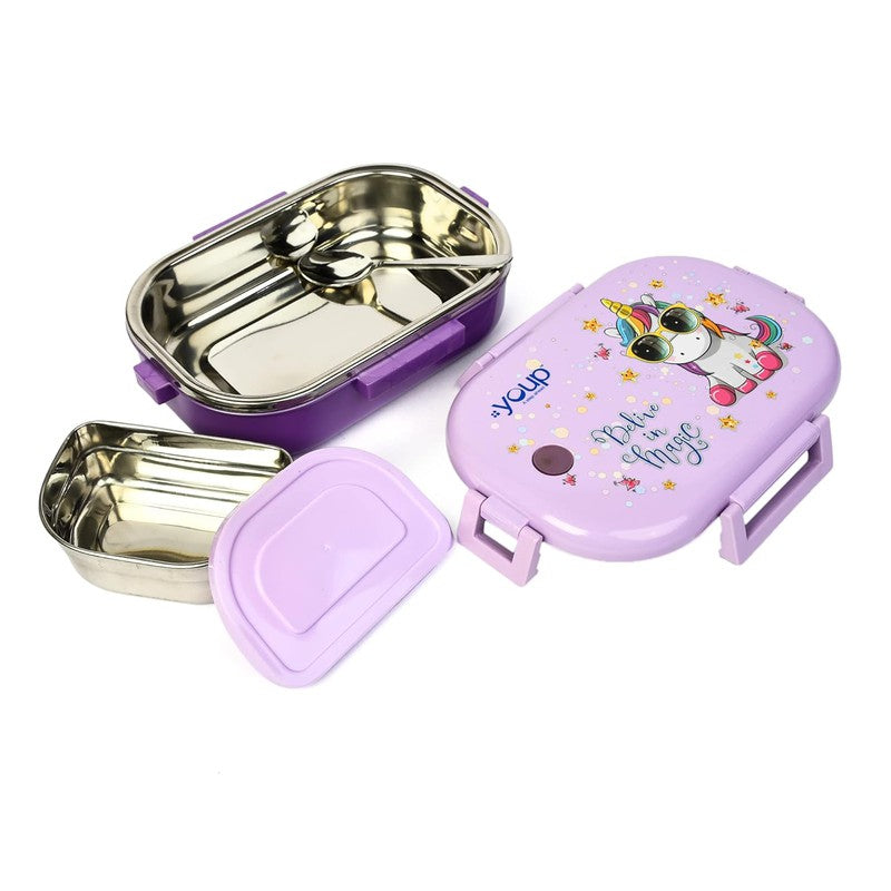 YOUP Stainless Steel Purple Color Unicorn Theme Kids Lunch Box BREAK TIME 850 ml