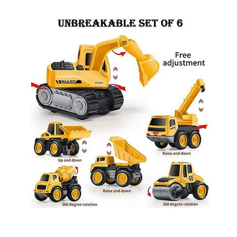 Die Cast Pull Back Construction Metal Vehicle Set Pack of 6 -Yellow