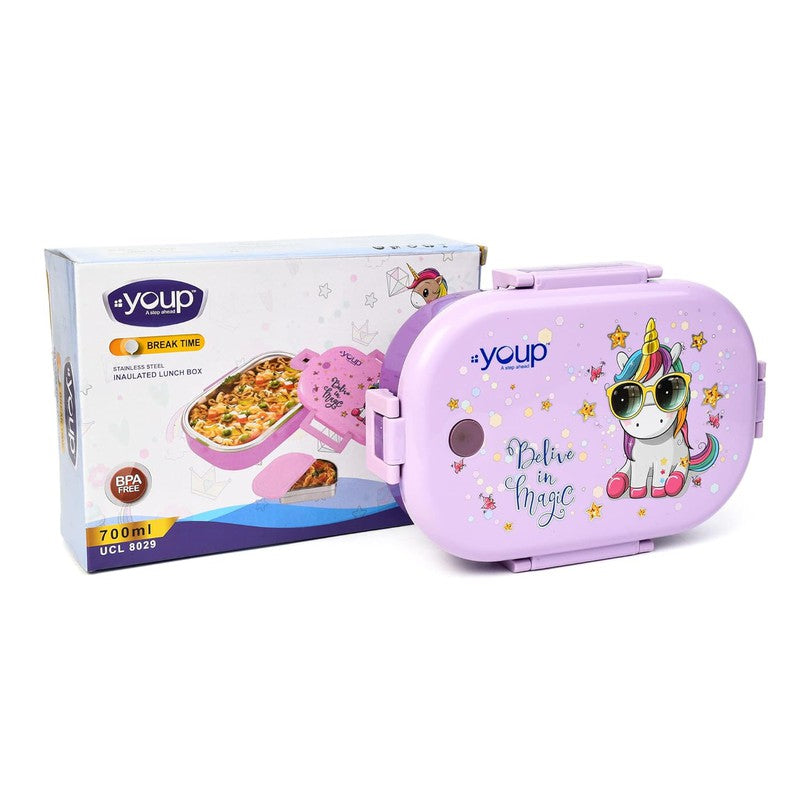 YOUP Stainless Steel Purple Color Unicorn Theme Kids Lunch Box BREAK TIME 850 ml