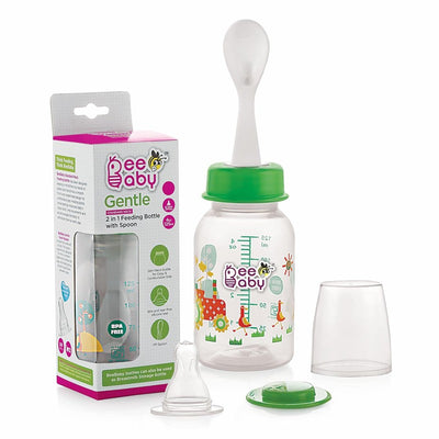 125 ML Gentle 2 in 1 Slim Neck Baby Feeding Bottle with Anti-Colic Silicone Nipple & (Plastic) Feeder Spoon, 3M+