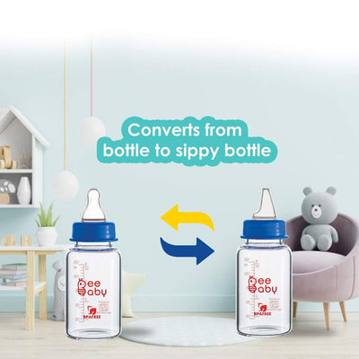 2 in 1  Advance+ Glass Feeding Bottle to Sippy Glass Bottle with Medium Flow Anti-colic Silicone Nipple & Silicone Sippy Spout. (125 ML / 4 Oz.) (Blue) 3M+