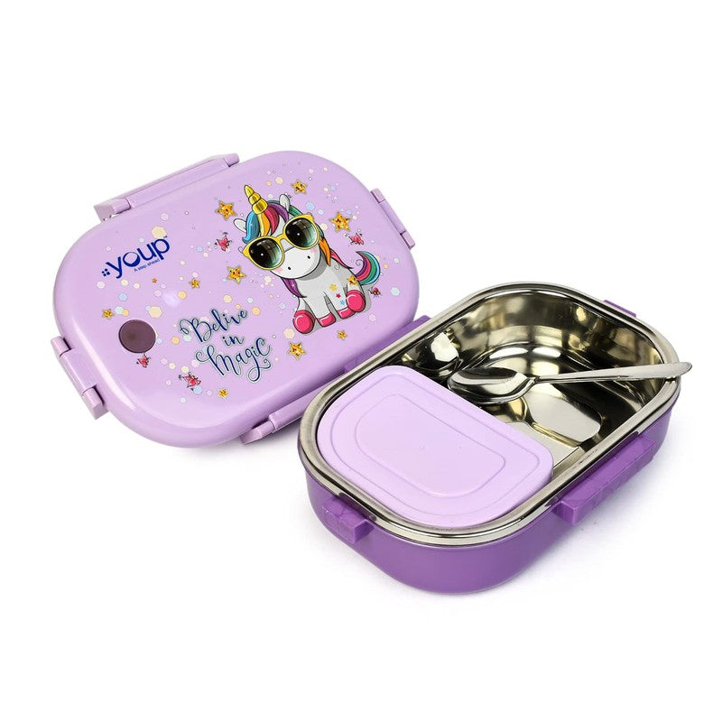 YOUP Stainless Steel Purple Color Unicorn Theme Kids Lunch Box BREAK TIME 850 ml