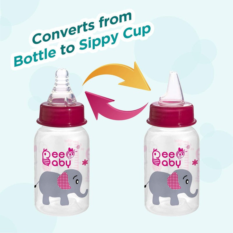 Pink 2 in 1 Advance+ Baby Feeding Bottle To Sippy Bottle with Anti-Colic Silicone Nipple & Silicone Sippy Spout. 100% BPA FREE. - 125 ML / 4 Oz