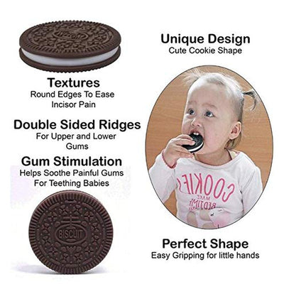 Cookie / Biscuit Shape Soft Silicone Teether with Carrying Case, BPA Free Teething Toy for Babies with Textured Surface for Soothing Gums. 100% Food Grade (Cookie - Brown)