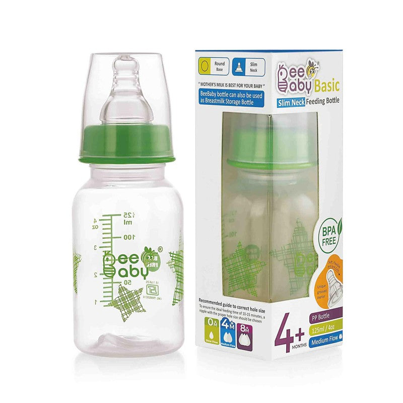 Basic Slim Neck Baby Feeding Bottle with Premium Anti - Colic Comfort Silicone Nipple (125 ML / 4 oz.)