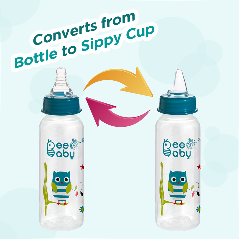 2 in 1 Advance+ Baby Feeding Bottle To Sippy Bottle with Anti-Colic Silicone Nipple & Silicone Sippy Spout. 100% BPA FREE. - 250 ML / 8 Oz. Blue