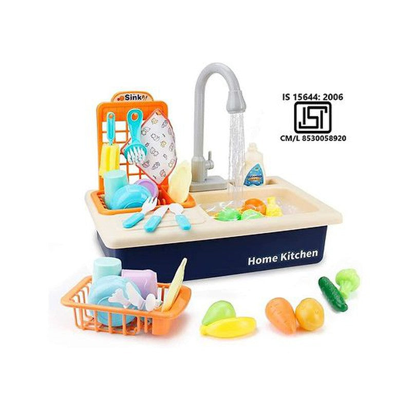 Kitchen Play Set With Automatic Water Cycle System Kitchen Play Sink Toys with 25 Accessories - Blue