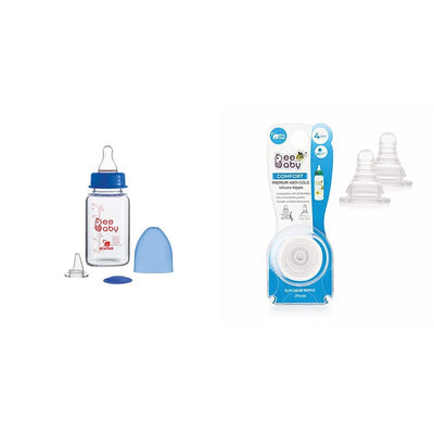 2 in 1  Advance+ Glass Feeding Bottle to Sippy Glass Bottle with Medium Flow Anti-colic Silicone Nipple & Silicone Sippy Spout. (125 ML / 4 Oz.) (Blue) 3M+