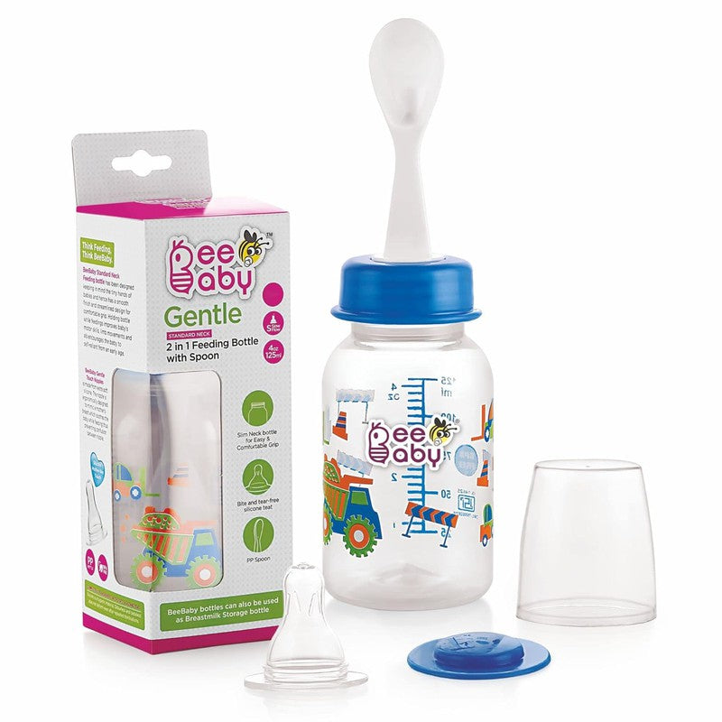 125 ML Gentle 2 in 1 Slim Neck Baby Feeding Bottle with Anti-Colic Silicone Nipple & (Plastic) Feeder Spoon, 3M+