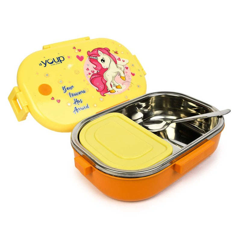 YOUP Stainless Steel Orange Color Unicorn Theme Kids Lunch Box BREAK TIME 850 ml