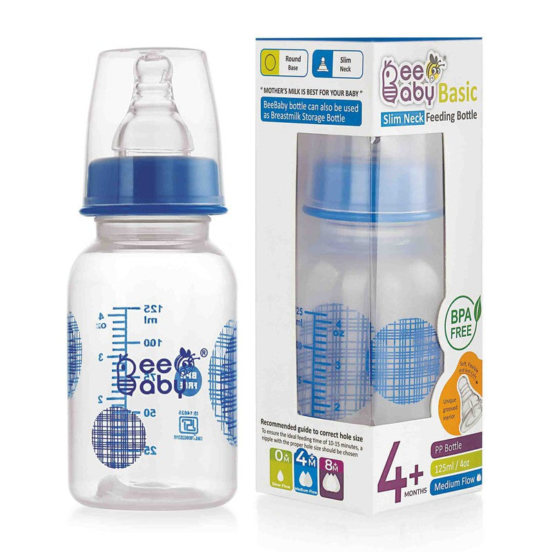 Basic Slim Neck Baby Feeding Bottle with Premium Anti - Colic Comfort Silicone Nipple (125 ML / 4 oz.)