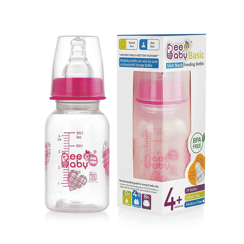 Basic Slim Neck Baby Feeding Bottle with Premium Anti - Colic Comfort Silicone Nipple (125 ML / 4 oz.)