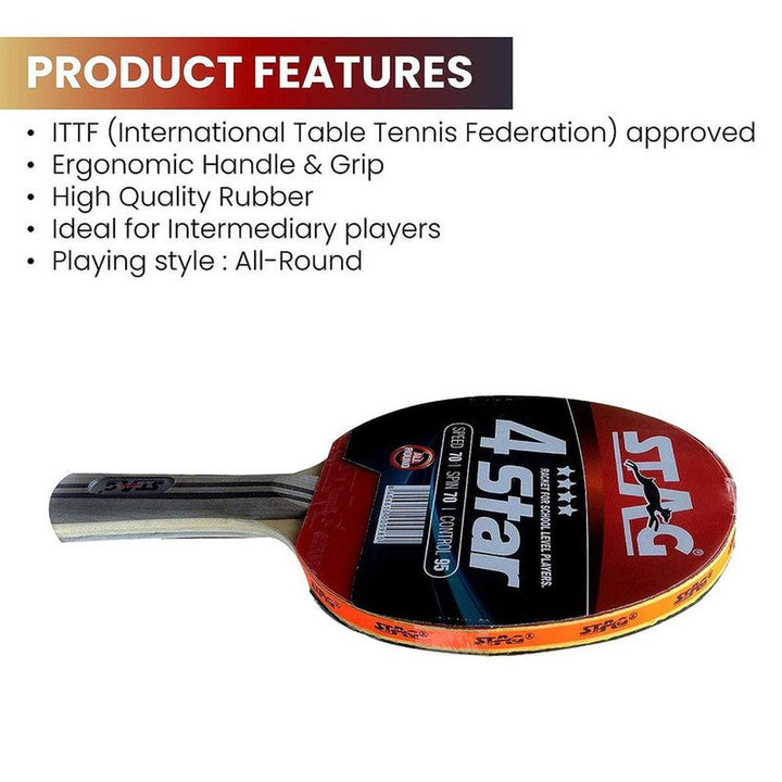Stag Global 4 Star Table Tennis Racquet (9 Years till Grown Ups) | Multicolor