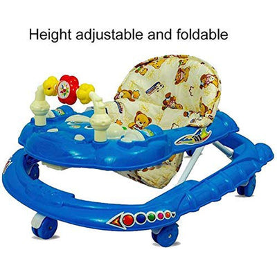 Cartoon Face Baby Walker - Music & Toys with Adjustable Height - Blue