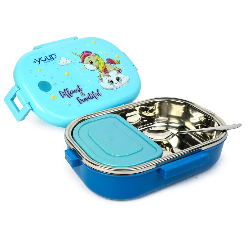 YOUP Stainless Steel Blue Color Unicorn Theme Kids Lunch Box BREAK TIME 850 ml