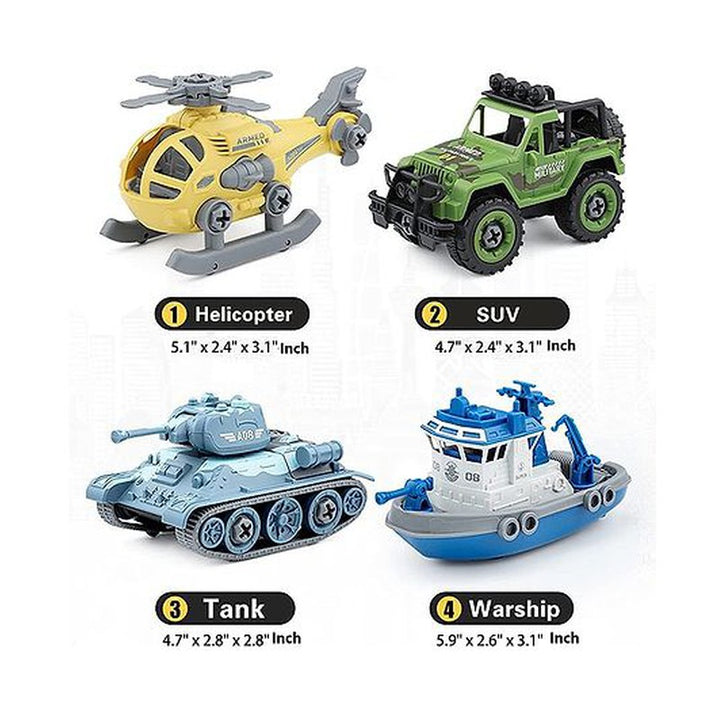 DIY Military Army Foldable Vehicles Toy with Screwdriver Learning STEM Toys for Kids Pack of 4 - (Assorted Color)