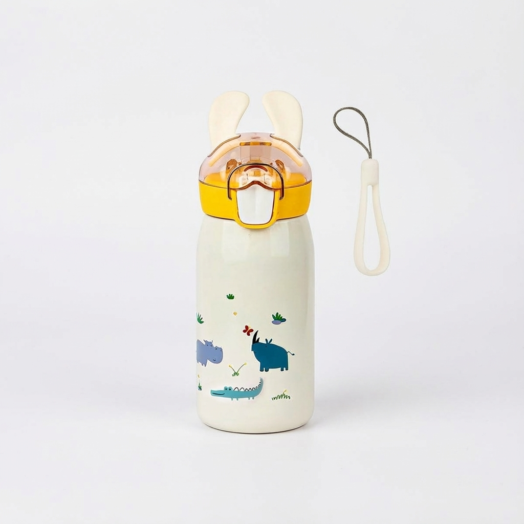 FunBlast Double Walled Vacuum Steel Water Bottle - Thermos Flask with Straw - 400ml